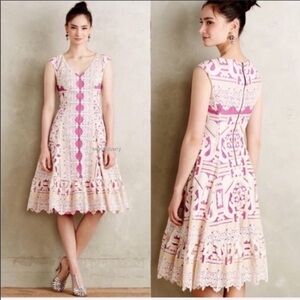 Moulinette Soeurs/Anthropologie Pink and Cream Lace Midi Dress, Size 2, EUC